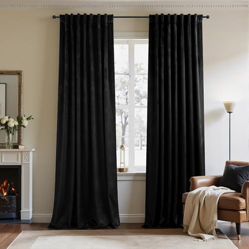 Black Velvet Curtains for Living Room 84 Inch Length 2 Panel Back Tab Pocket Thick Luxury Living Room Darkening Light Blocking Thermal Insulated Black Out Long Drape for Bedroom Halloween Gothic Decor by Pitalk
