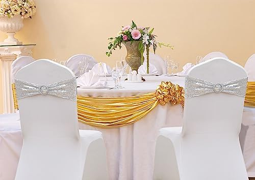 Full Sparkly Sequins Silver Chair Sashes for Wedding Decor, Glitter Chair Bands with Buckles, Sequin Chair Bows for Party Ceremony Event Decorations - 100 Pack - Image 2