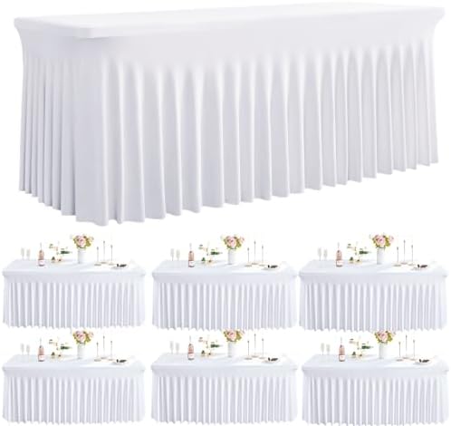 Spandex Tablecloth 8FT Rectangle Table Cover 6 Pack White Wrinkle-Free by Outpain