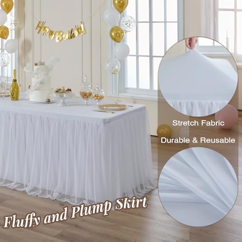 CO-AVE 6pack White Tulle Tablecloth for 6ft Rectangular Tables, 2-in-1 Elastic Stretch Spandex Cover with Tutu Ruffle Skirt, Wrinkle Free for Wedding, Birthday, Banquet, Buffet, Bridal Shower - Image 4