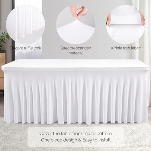Wish Care 8 Pack White Spandex Table Clothes for 8 Foot Rectangle Tables, 8FT Wrinkle Free Fitted Tablecloths Ruffles Design Table Cloth for Party, Banquet, Wedding and Events - Image 3
