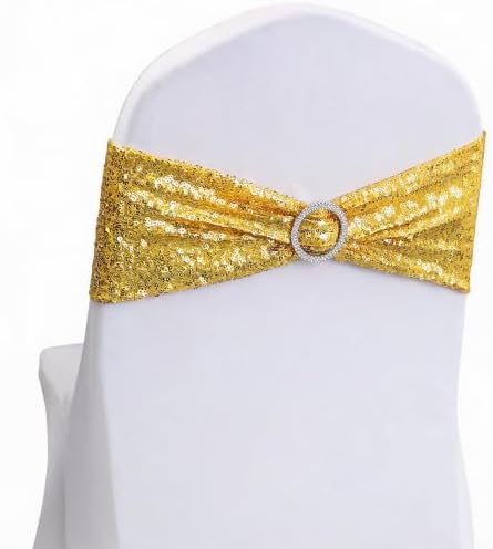 Double-Sided Sequins Gold Chair Sashes for Wedding Decor, Golden Sequin Chair Sashes Bands with Silver Buckles, Chair Bows for Party Ceremony Event Christmas Decorations - 100 Pack by ZSJFMF