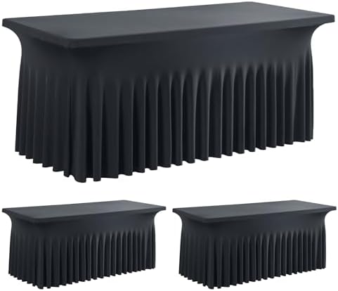 leegleri 2 Pack Black Spandex Fitted Table Clothes for 5 Foot Rectangle Tables, Wrinkle Free 5ft Stretch Table Cover Stretch Tablecloths Desk Skirt for Banquet Weddings Parties Vendor Display by LeegleriTableSkirt