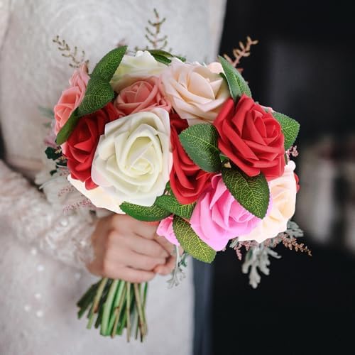 100 Pcs Artificial Rose Flowers, Gradient Red - Image 3