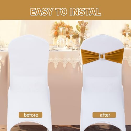 Joccun 120 PCS Spandex Chair Sashes Bows Stretch Chair Cover Band with Buckle Slider Universal Elastic Chair Ties for Wedding Banquet Party Event Decoration (Gold) - Image 4