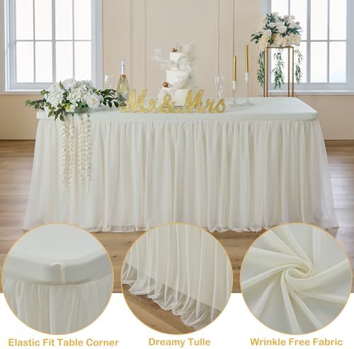 CO-AVE 6pack Ivory Tulle Tablecloth for 8ft Rectangular Tables, 2-in-1 Elastic Stretch Spandex Cover with Tutu Ruffle Skirt, Wrinkle Free for Wedding, Birthday, Banquet, Buffet, Bridal Shower - Image 2