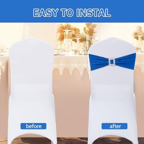 Joccun 30 PCS Spandex Chair Sashes Bows Stretch Chair Cover Band with Buckle Slider Universal Elastic Chair Ties for Wedding Banquet Party Event Decoration (Royal Blue) - Image 4