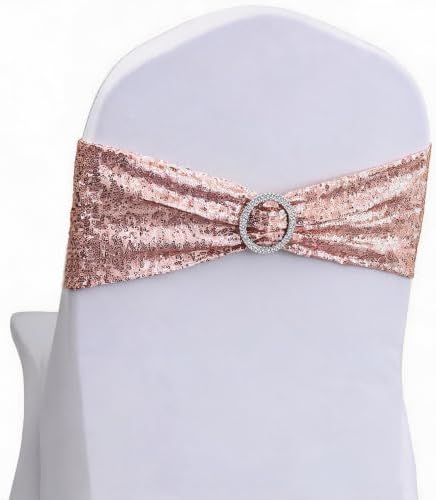 Double-Sided Sequins Rose Gold Chair Sashes for Wedding Decor, Rose Gold Sequin Chair Sashes Bands with Silver Buckles, Chair Bows for Party Ceremony Event Christmas Decorations - 100 Pack by ZSJFMF