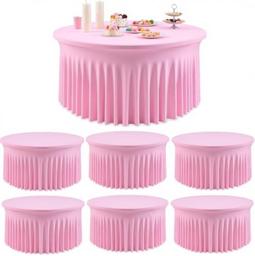 Outpain 6 Pack Pink 72inch Spandex Round Tablecloths, Stretchy 132inch Fitted 6FT Round Table Cloths, Wrinkle Free Table Cover with Skirt for Wedding Party Dining Banquet by Outpain