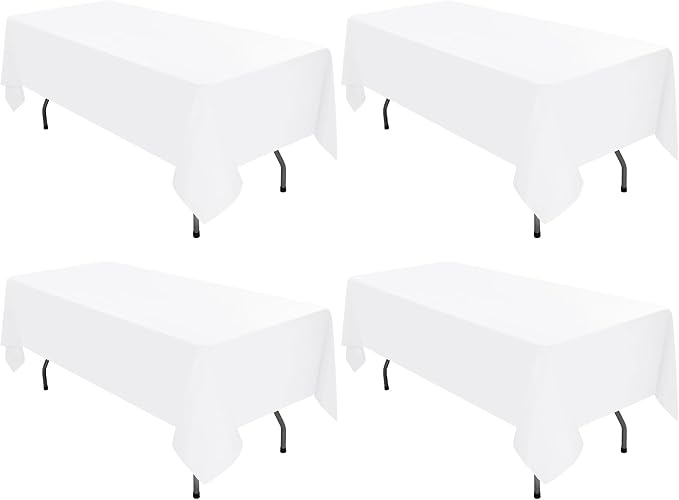 4 Pack White Tablecloths for 8ft Tables-60 x 126 Inch | Polyester Table Cover, Stain and Wrinkle Resistant Washable Fabric Table Cloth, Perfect for Wedding Banquet Parties by REWOMC