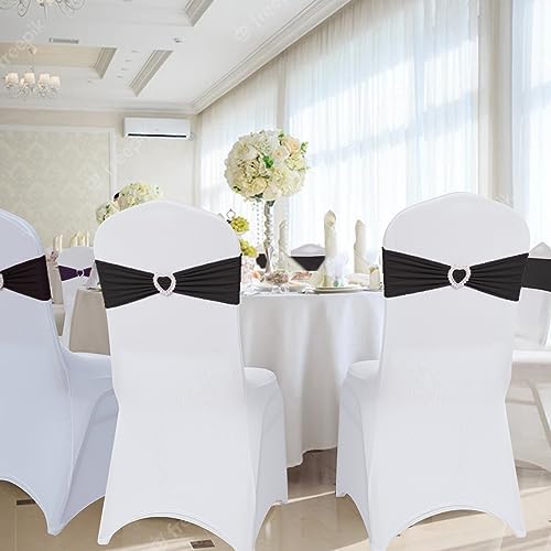 Pack of 30 Spandex Chair Sashes Bows Stretch Chair Cover Band with Buckle Slider Universal Elastic Chair Ties for Wedding Banquet Party Event Decoration (Black) - Image 6