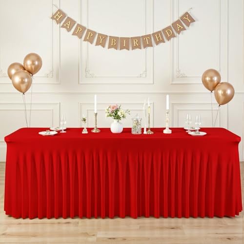 2 Pack Red Spandex Tablecloths for Rectangle Tables 6 Foot Red Stretch Table Cloth Rectangle 6ft Elastic Fitted Table Cover Fabric with Skirt for Wedding Graduation Birthday Party Banquet Buffet - Image 2