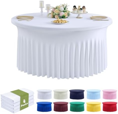 Outpain 4 Pack White Spandex Tablecloth for 72in/6FT Round Tables, Wrinkle Free Tablecloth with Skirt for Wedding, Graduation & Banquet by Outpain