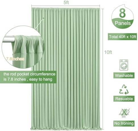 8 Panels Sage Green Backdrop Curtain for Parties Wrinkle Free Dark Green Photo Curtains Backdrop Drapes Fabric Decoration for Weding Baby Shower Birthday Party Photography 40ft(W) x 10ft(H) - Image 6