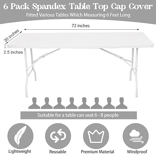6 Pack Spandex Table Top Cover for 6FT Rectangle Tables, Stretch Fitted Tablecloth Washable Rectangle Table Covers with Elastic Edge for Indoor Outdoor Party Picnic Camping (30" W x 72" L, White) - Image 2
