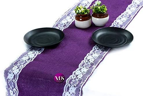 VDS Pack of 5, Burlap Table Runner with White Lace Edge, 100% Natural Jute Rustic Hessian Table Cloth Centerpiece for Wedding Birthday Party Banquet Table Decoration (Size 12X108 Inch)(Purple) by VDS