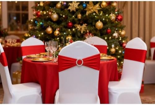 Red Chair Sashes 100 Pack, Red Spandex Chair Bows for Christmas Wedding Party Banquet Decor, Chairs Bands Ties with Buckles for Chairs Decoration - Image 5