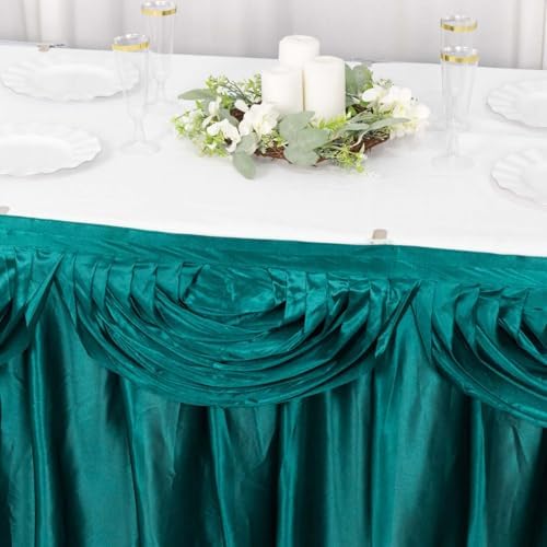 Efavormart 14ft Peacock Teal Pleated Satin Double Drape Table Skirt - Image 2