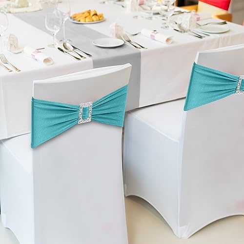 Joccun 30 PCS Spandex Chair Sashes Bows Stretch Chair Cover Band with Buckle Slider Universal Elastic Chair Ties for Wedding Banquet Party Event Decoration (Turquoise) - Image 6