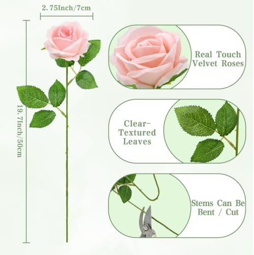 Waipfaru 50 Pcs Blush Roses Fake Velet Pink Roses - Image 4