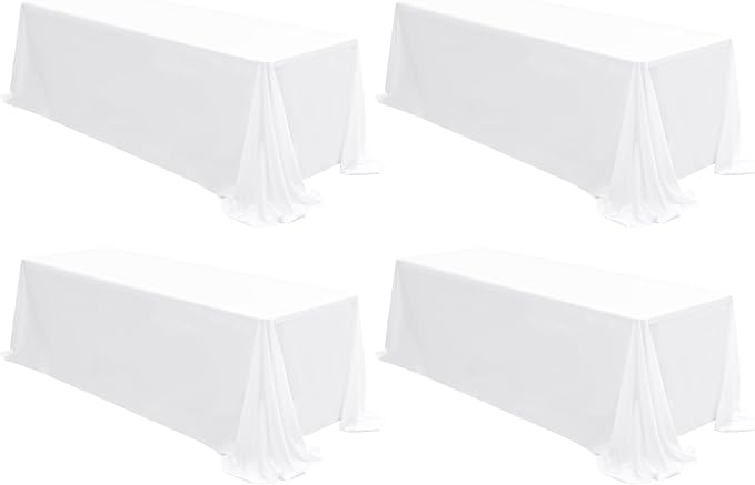 4 Pack White Tablecloths for 8ft Tables-90 x 156 Inch | Polyester Table Cover, Stain and Wrinkle Resistant Washable Fabric Table Cloth, Perfect for Wedding Banquet Parties by REWOMC
