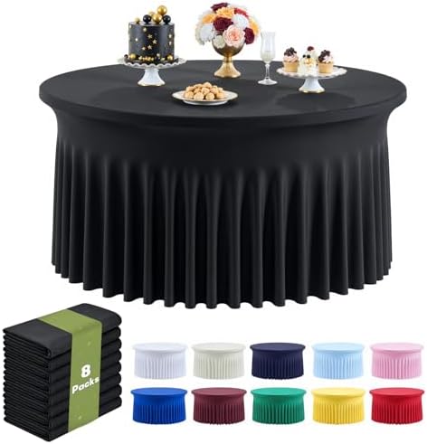 Outpain 8 Pack Black Round Spandex Tablecloth for 60 Inch/5FT Tables - Stretchy Table Cloth with Skirt, Wrinkle-Free Fitted Cloth for Wedding Vendor, Banquet & Graduation Decor (120" Round) by Outpain