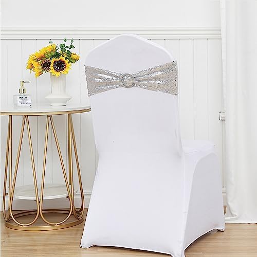 50 Pack Sequin Silver Chair Sashes Bows Wedding Glitter Chair Bands Buckles - Image 5