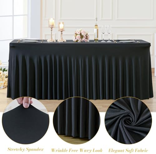 gogoparti 2 Pack Spandex Black Fitted Table Cloth for 6ft Rectangle Tables Black Stretch Tablecloth Table Covers Skirt Banquet Wrinkle Free Tablecloths for Parties Wedding - Image 6