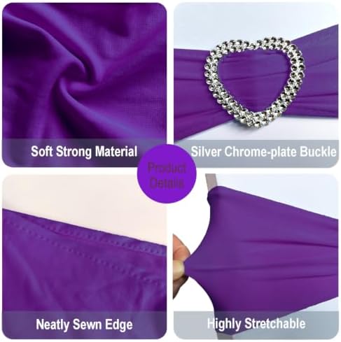 Purple Chair Sashes 60 Pack Spandex Purple Chair Sashes Bows with Heart Buckle Slider for Wedding Banquet Party Decorations - Image 3