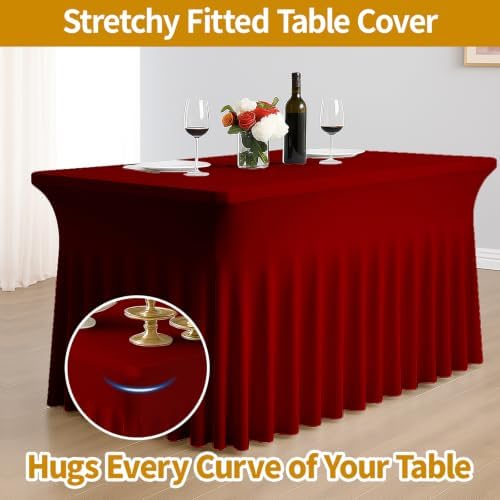 Deep Dream 4 Pack Red Spandex Table Covers 4 Foot, Fitted Stretch Tableclothes 24x48 Inch, Wrinkle Free 4FT Fitted Table Clothes with Skirt for Party, Banquet, Wedding and Events - Image 3
