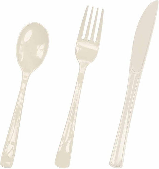 HEIPINIUYE 75 Pack Ivory Plastic Cutlery Heavy Duty Ivory Plastic Knives Forks and Spoons Disposable Silverware Set for 25 Guest Camping Birthday Baby Shower Party Cutlery Set