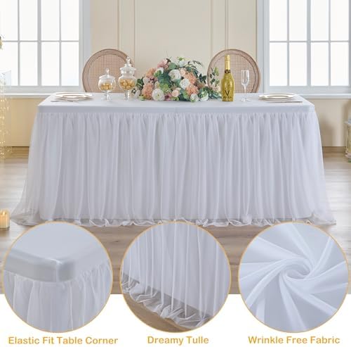 CO-AVE 6pack White Tulle Tablecloth for 6ft Rectangular Tables, 2-in-1 Elastic Stretch Spandex Cover with Tutu Ruffle Skirt, Wrinkle Free for Wedding, Birthday, Banquet, Buffet, Bridal Shower - Image 2