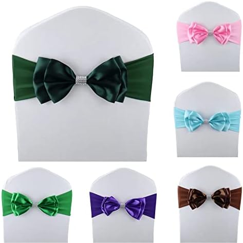 6 PCS Double Bows Stretch Chair Sashes, for Wedding Party Chair Cover Decoration, Spandex Stretch Chairs Bands (Pack of 6 Dark Green) - Image 2