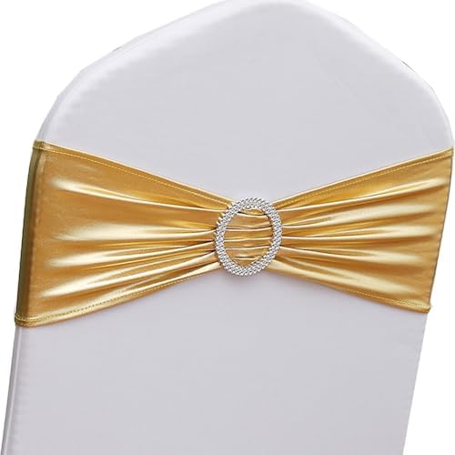 Gold Chair Sashes 50 Pack for Wedding Ceremony, Elastic Chair Bands Bows for Party Banquet Theme Hotel Restaurant Event Decorations (50 Pieces, Metallic Gold) by GANKAR