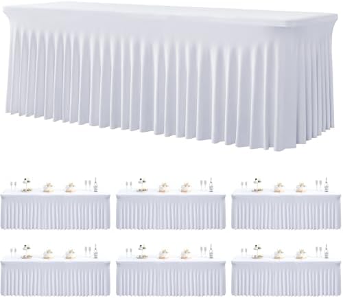 6 Pack Spandex White Tablecloths for 8 Foot Rectangle Tables, Stretchy Table Cloths 8ft Fitted Table Cover Desk Skirt for Parties Weddings Birthday Banquet Baby Shower by Htper