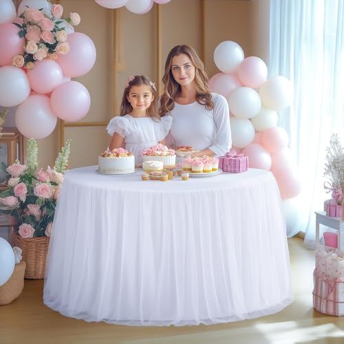 White Round Tablecloth 72 inch Stretchy Elastic Fitted Round Table Cloth Round Cover 132 inch, White Round Tulle Table Cloth with Skirt Wedding Birthday Party Cake Banquet Tables Decoration - Image 2