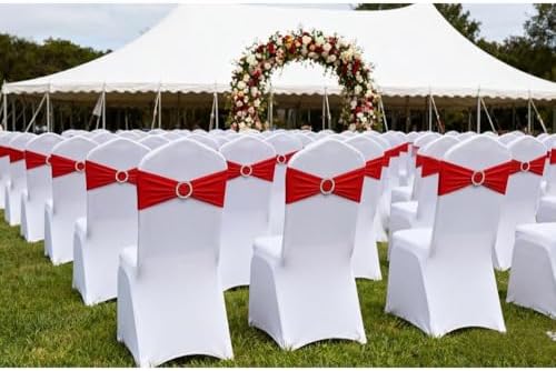 Red Chair Sashes 100 Pack, Red Spandex Chair Bows for Christmas Wedding Party Banquet Decor, Chairs Bands Ties with Buckles for Chairs Decoration - Image 2