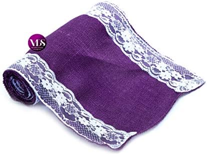 VDS Pack of 5, Burlap Table Runner with White Lace Edge, 100% Natural Jute Rustic Hessian Table Cloth Centerpiece for Wedding Birthday Party Banquet Table Decoration (Size 12X108 Inch)(Purple) - Image 3