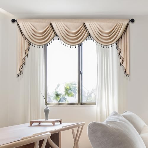 ELKCA Faux Linen Curtain Valance for Living Room Japanese Style Modern Curtain Valance for Bedroom Solid Light Coffee with Black Tassel, Rod Pocket (98inch,1 Panel) - Image 3