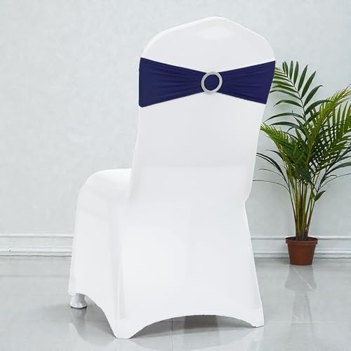 VDS - Navy Blue | Spandex Chair Sashes Bows | 200 PCS | Stretch Elastic Banquet Universal Folding Chair Band Tie with Silver Buckle Slider for Wedding Party Conference Celebration Event Decoration - Image 5