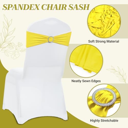 VDS - Yellow | Spandex Chair Sashes Bows | 150 PCS | Stretch Elastic Banquet Universal Folding Chair Band Tie with Silver Buckle Slider for Wedding Party Conference Celebration Event Decoration - Image 3