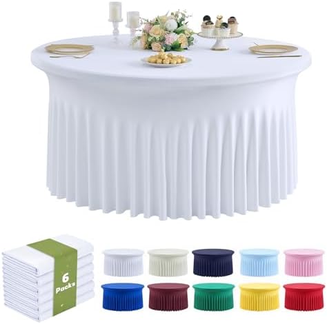 Outpain 6 Pack 72inch/6FT Spandex White Round Tablecloth, Stretchy 132inch Fitted 6FT Round Table Cloths, Wrinkle Free Table Cover with Skirt for Wedding Party Dining Banquet by Outpain