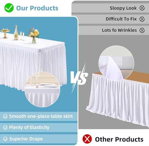 PARTISKY 6 Pack White Tablecloths for Rectangle Tables 8ft, Wrinkle Resistant White Table Cover Fitted Stretch Table Cloth with Pleated Ruffle Skirts for Party Banquet Dining Birthday Wedding - Image 2