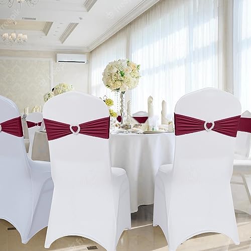 Pack of 120 Spandex Chair Sashes Bows Stretch Chair Cover Band with Buckle Slider Universal Elastic Chair Ties for Wedding Banquet Party Event Decoration (Burgundy) - Image 5