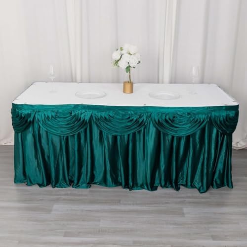 Efavormart 14ft Peacock Teal Pleated Satin Double Drape Table Skirt by efavormart