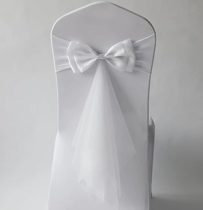 12Pcs Stretch Satin Chair Sashes Bows Chair Bands Decor for Hotel Wedding Reception Party Event Chair Cover Decoration White by SXXLDNG