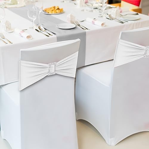 Joccun 30 PCS Spandex Chair Sashes Bows Stretch Chair Cover Band with Buckle Slider Universal Elastic Chair Ties for Wedding Banquet Party Event Decoration (White) - Image 6