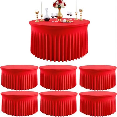Outpain 6 Pack Spandex Red Round Tablecloths for 60in Tables, 120Inch Stretchy Fitted 5FT Round Table Clothes,Wrinkle Free Table Cover with Skirt for Wedding Party Dining Banquet by Outpain
