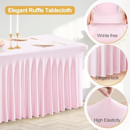 PARTISKY 4 Pack Pink Table Cover for Rectangle Tables 6ft,One-Piece Spandex Elastic Table Cloth with Skirt for Wedding Folding Table Banquet Baby Shower & Birthday Parties - Image 3
