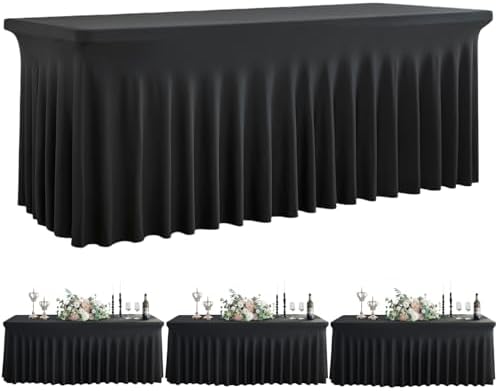 Spandex Tablecloth 8FT Rectangle Table Cover 3 Pack Black Wrinkle-Free by Outpain